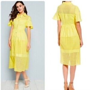 Belle Badgley Mischka Yellow Eyelet Linen Dress